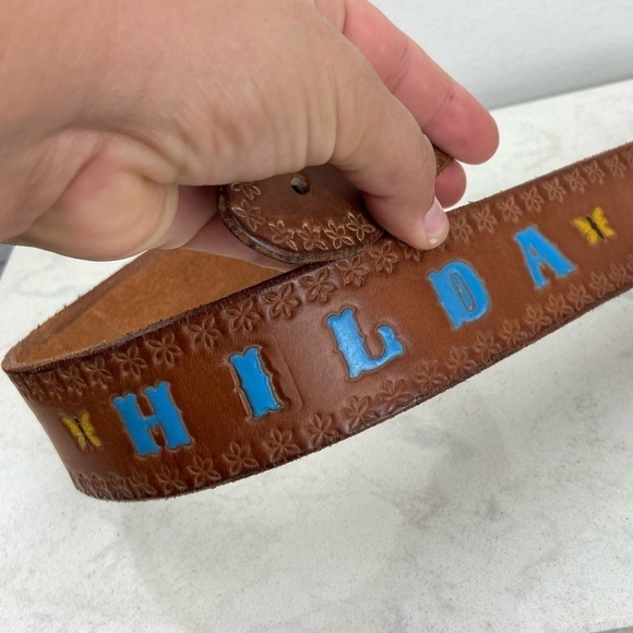 Vintage 70’s Tooled and Hand Painted Leather Belt Brown - Picture 9 of 10